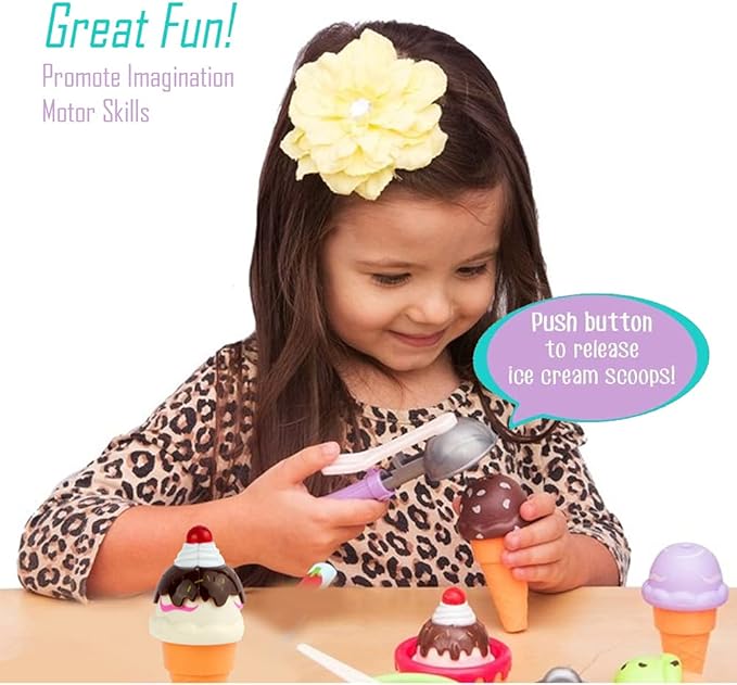 Kids Ice Cream Toy Set - Pretend Play Sweet Treats Ice Cream Parlour Dessert Accessories Playset with Cone and Scoop for Toddler Imaginary Play