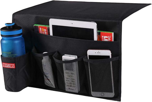 5 Pockets Bedside Caddy, Bedside Storage Organizer for Water Bottles, Magazines, Phone, Glasses (5 Pockets-Black)