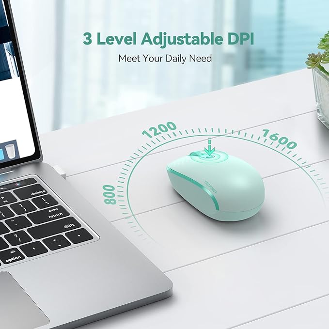 TECKNET Wireless Mouse for Laptop, 2.4G Quiet Computer Mouse with USB Receiver, 4 Buttons Portable Cordless Mice for Chromebook, Laptop, PC, Mac, 800/1200/1600 DPI - Mint Green