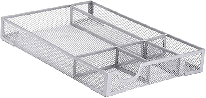 FOSA Desk Drawer Organizer, 5 Compartments Metal Mesh Storage Tray with Non Slip Rubber Pads, for Office Home Kitchen Jewelry Organization (Silver)
