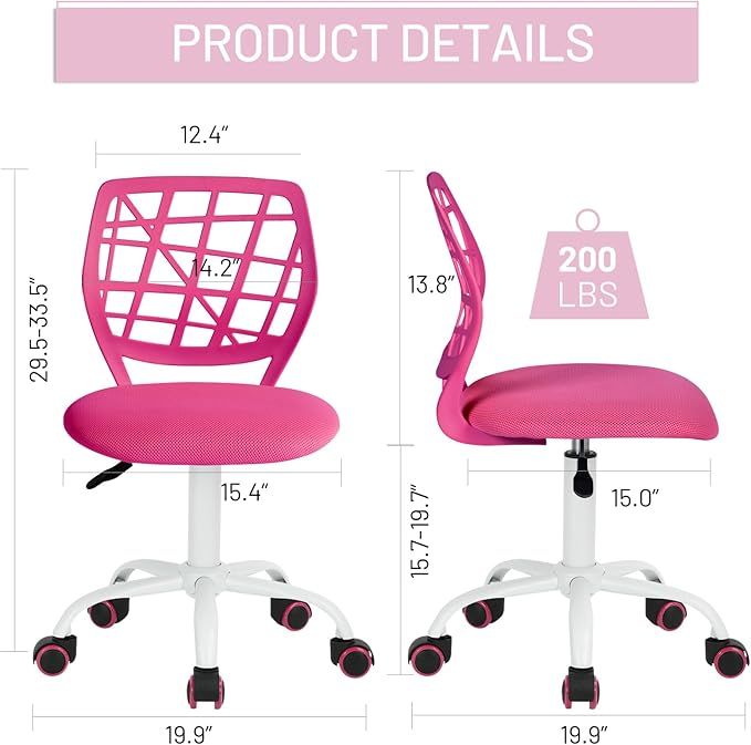 FurnitureR Kids Desk Chair, Armless Small Office Chair Adjsutable Swivel Task Chair with Soft Cushion for Study Kids Teens Child, Pink