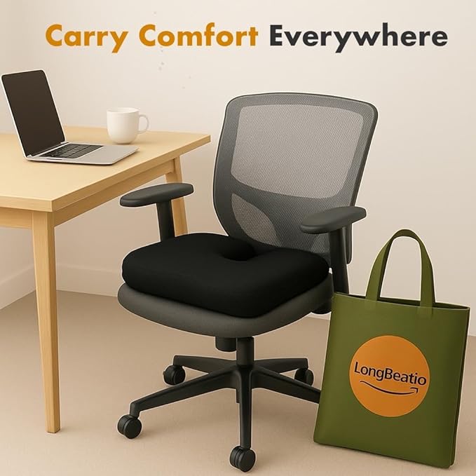 Premium Memory Foam Seat Cushion with Carrying Bag & Cooling Gel for Office Chair, Wheelchair, Travel, Car Seat, Gaming Chair for Coccyx & Tailbone Pain, Back Pain Relief, Sciatica Support