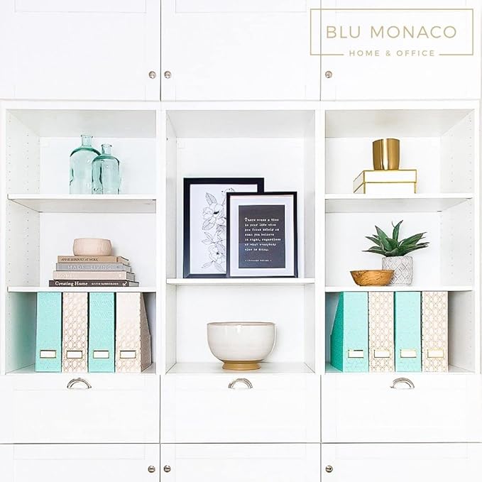 BLU MONACO | Set of 4 Foldable Pink & Aqua Magazine File Holders with Gold Geometric Patterns | Vertical File Organizer Boxes with Gold Label Holders for Home & Office