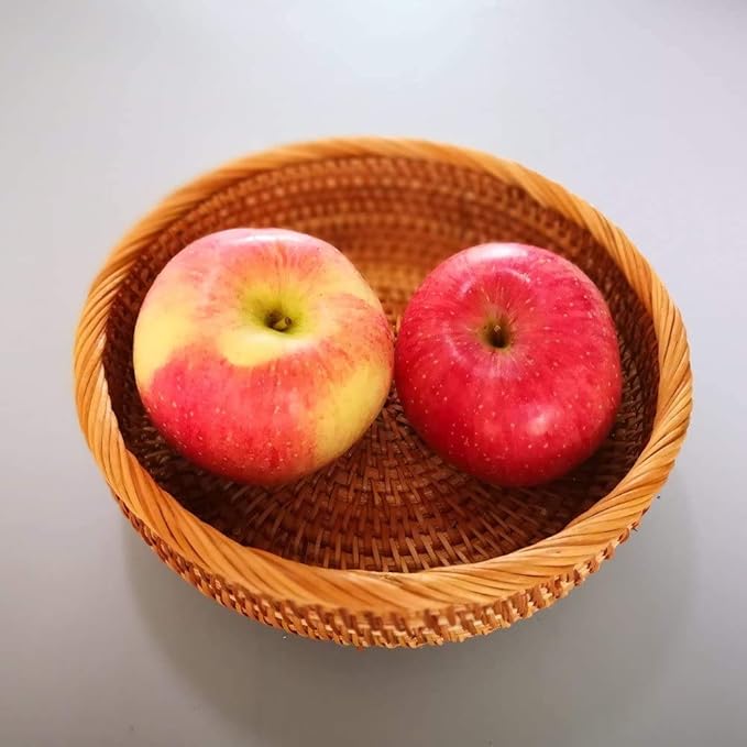 Hadewoven Round Rattan Fruit Basket Wicker Food Tray Weaving Storage Holder Dinning Room Bowl, 8 Inch Small Bread Baskets Tray for Serving with Deep Wall, Brown (Small 7.48”)