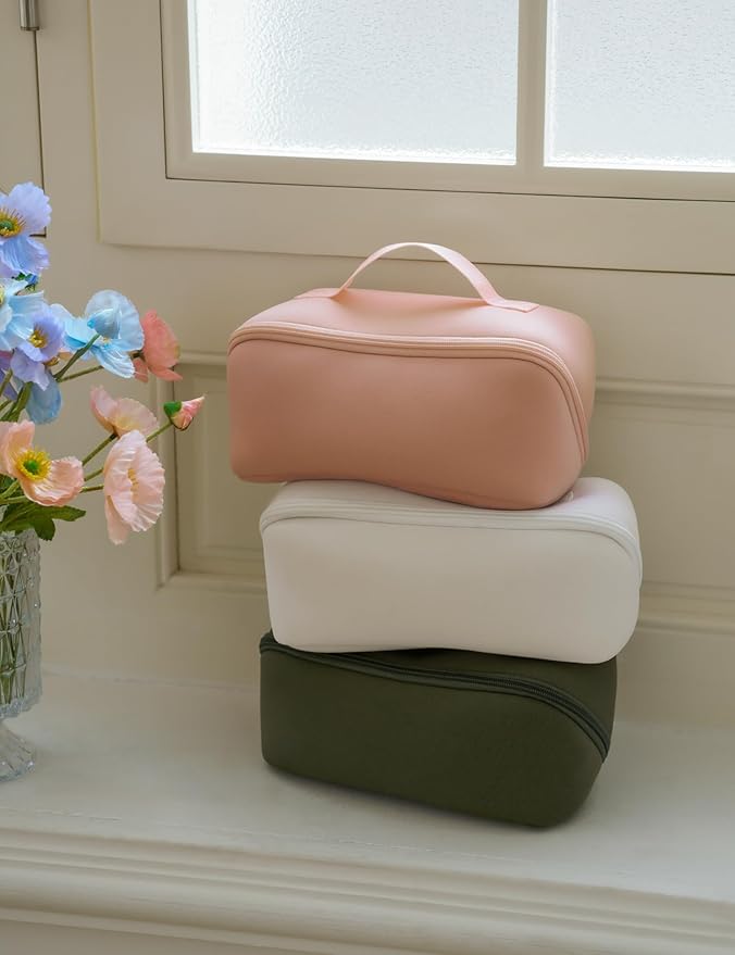 Yarnic White Neoprene Travel Makeup Bag Cosmetic Bag, Large Capacity Toiletry Bag for Women, Portable Pouch Cute Make Up Organizer with Divider and Handle