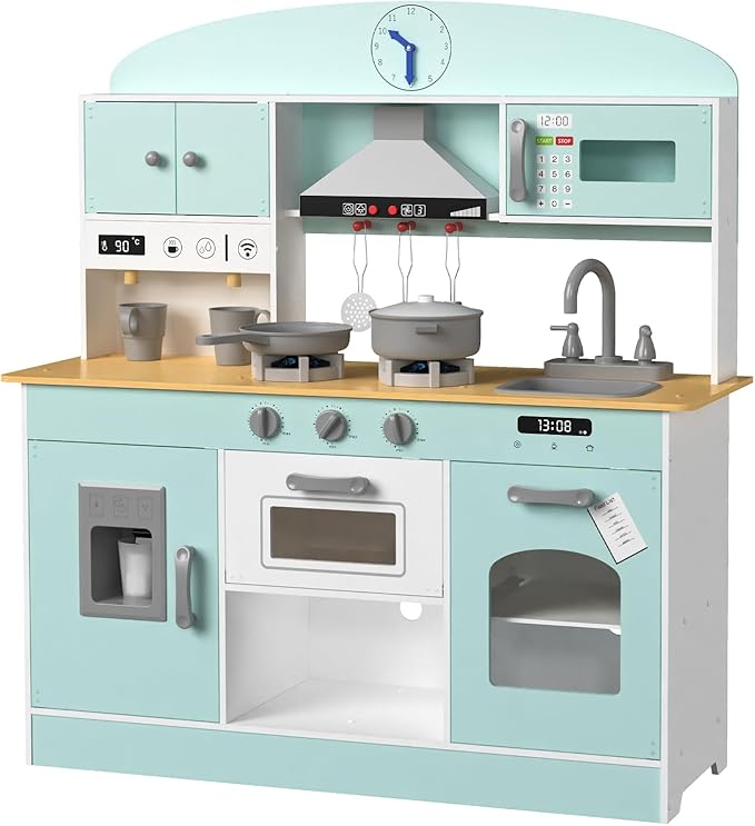 Babytronic Wooden Play Kitchen Set, Pretend Play Kitchen with Lights and Sounds for Kids Ages 3+, Includes Stove, Oven, Microwave, Coffee Maker, and Accessories, Toy Kitchen Set for Toddlers (Blue)
