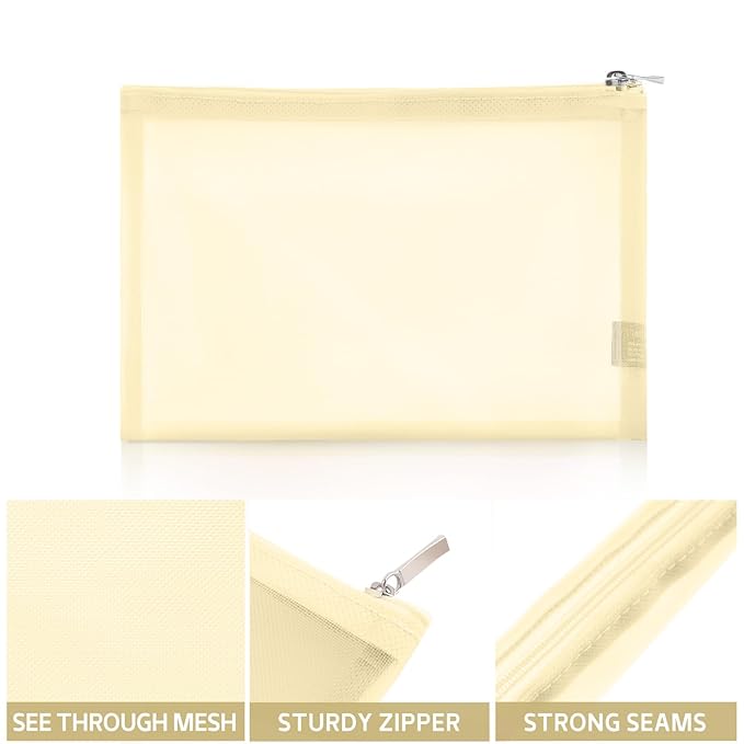 EASYFUN Mesh Pouch, Make up Bag with Zipper Cosmetic Organizer Pouch for Daily or Travel to Keep Small Items, 4 PCS Champagne