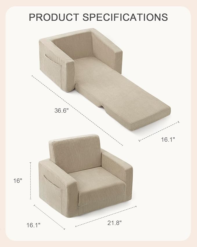 Toddle & Kids Chair,2-in-1 Soft Toddler Couches That Fold Out,Toddler Chairs Comfy 1-3 Years Old,Convertible Sofa to Lounge,Beige