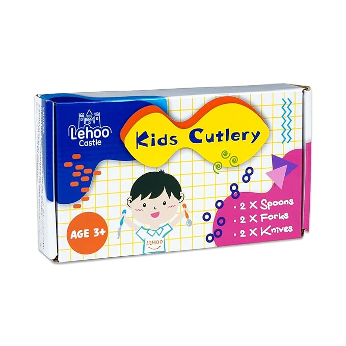 Lehoo Castle Toddler Fork and Spoon, 6pcs Toddler Utensils Kids Silverware, Safe Stainless Steel Toddler Fork Spoon Set, Children Flatware Set, Incudes 3 Spoons and 3 Forks (Blue Yellow)