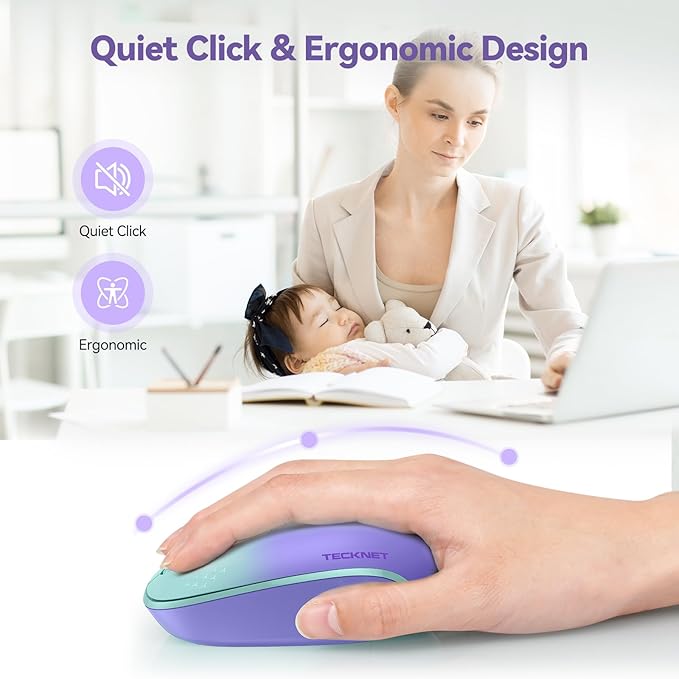 TECKNET Wireless Mouse, 2.4G Quiet Computer Mouse with USB Receiver, 4 Buttons Portable Cordless Mice for Chromebook, Laptop, PC, Mac, 800/1200/1600 DPI