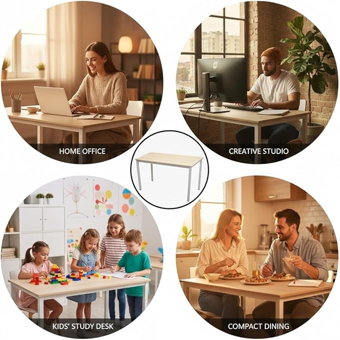 55 inch Large Computer Desk Wood, Modern Simple Style Desk for Home Office, Bedroom, Study Student Writing Desk, Small Spaces, White Metal Frame, Apple Wood Grain Top