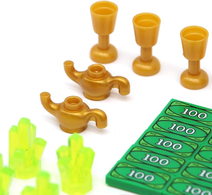 Feleph Treasure Accessories Money Building Blocks Set Jewel Chest, Gems Diamonds, Bullion Gold Tile Silver Bar, Power Crystals, Coins, Goblet, 100 Dollar Bill Cash Toy Brick