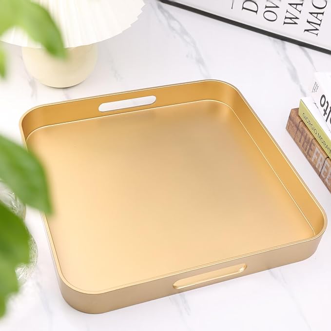 Omuriko Gold Square Decorative Tray with Handles, 13"*13" Versatile Serving Tray for Coffee Table, Ottoman, Ideal for Serving, Displaying, Organizing