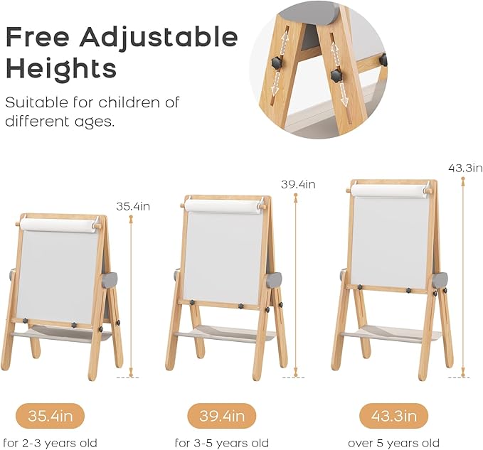 BanaSuper Kids Art Easel - Double-Sided Foldable Wooden Art Easel with Magnetic Chalkboard and Whiteboard, Portable Art Station with Paper Roll Holder for Creative Play