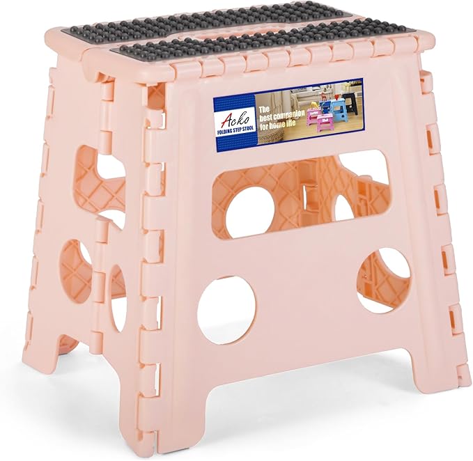 ACKO 10pack Folding Step Stool 13 Inch Stool Heavy Duty Plastic Foldable Step Stools for Kids, Stepping Stool with Handle, Folding Stool Suitable for Kitchen Hold Up to 300 LB (Sakura Pink)