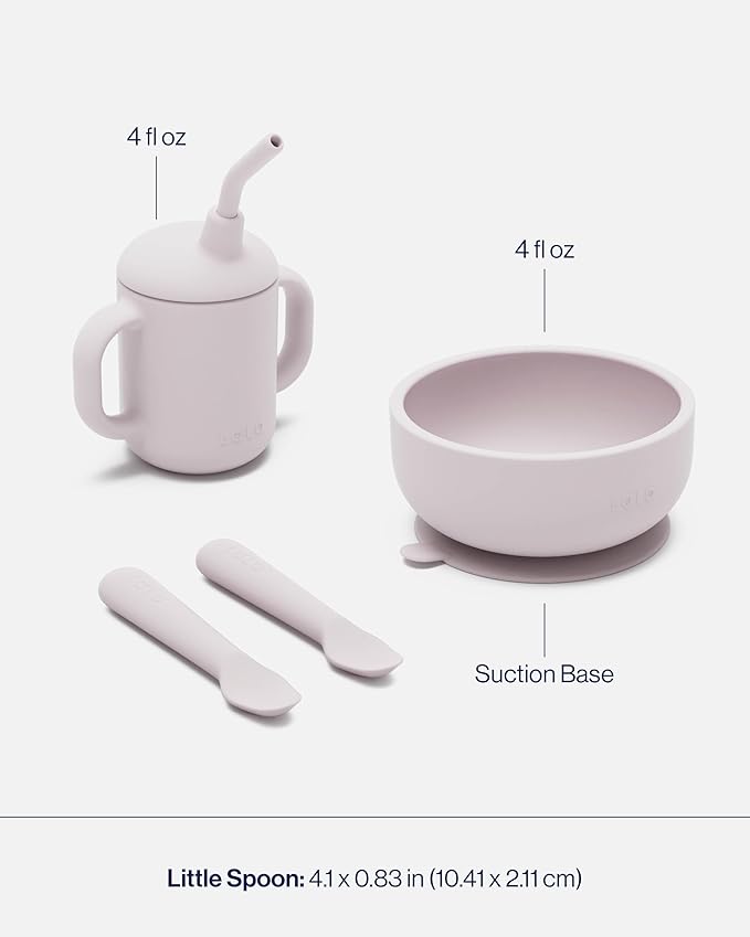 Lalo First Bites Silicone Baby Feeding Set - Baby Led Weaning Supplies - Non-Toxic Silicone - Includes 2 Spoons, Training Cup, & Suction Bowl - 4 Pieces - Lavender