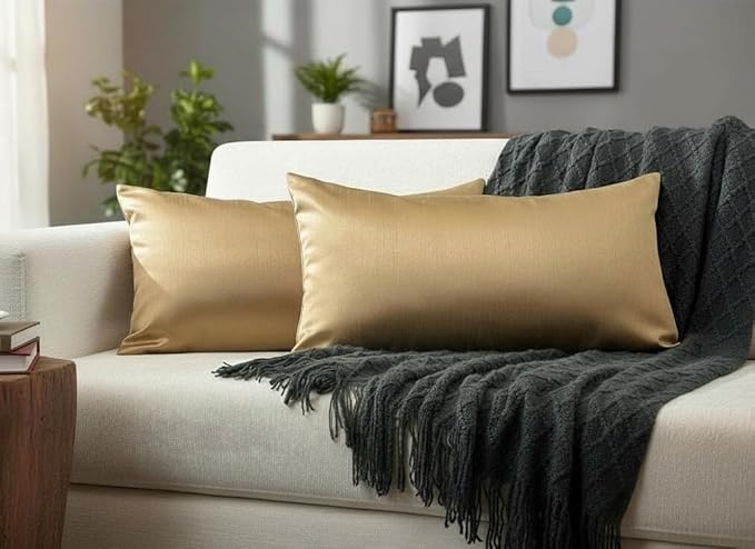 Aiking Home Collection 12x24 Inches Faux Silk Rectangular Throw Pillow Cover, Zipper Closure, Brass (Set of 2)