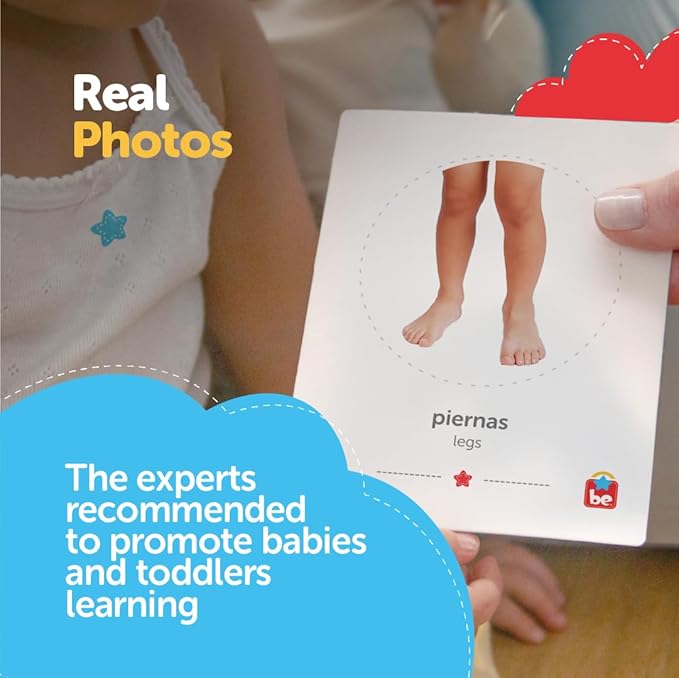 Tool-be Bilingual Flash Cards for Babies and Toddlers, with 35 Real Photos of Body Parts, Spanish-English Educational Toys, Sight Words Flash Cards, Ages 6 Months to 6 Years