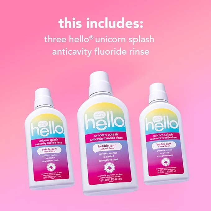Hello Kids Mouthwash with Unicorn Bubble Gum Flavor, Alcohol Free Mouthwash for Kids with Fluoride, Safe for Ages 6 and Up, Anticavity, Vegan, No Alcohol, No Dyes, 16 Oz Bottles (Pack of 3)