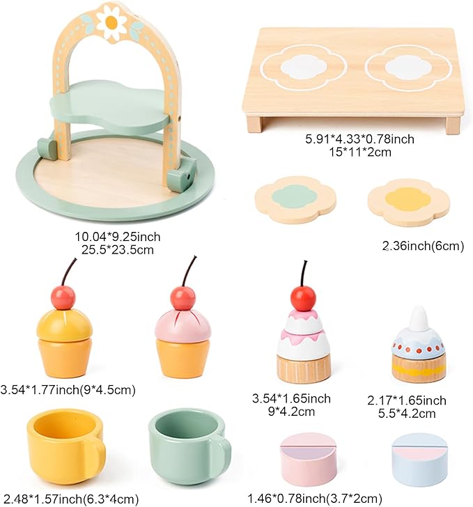 Garden Series Cake Toy Tea Party Set Desserts Food Toy with Cupcake Stand, Kids Pretend Play Kitchen Accessories, Wooden Play Food Set Toy Baking Gift for 3 4 5 Years Old Girls Boys