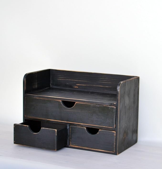 Vintage Rustic Wooden 3 Drawer with Shelf Office Desk Organizer & Mail Rack For Desktop,Box for Office Home Toiletries Supplies Vanity, No Assembly Required (Rustic Black)