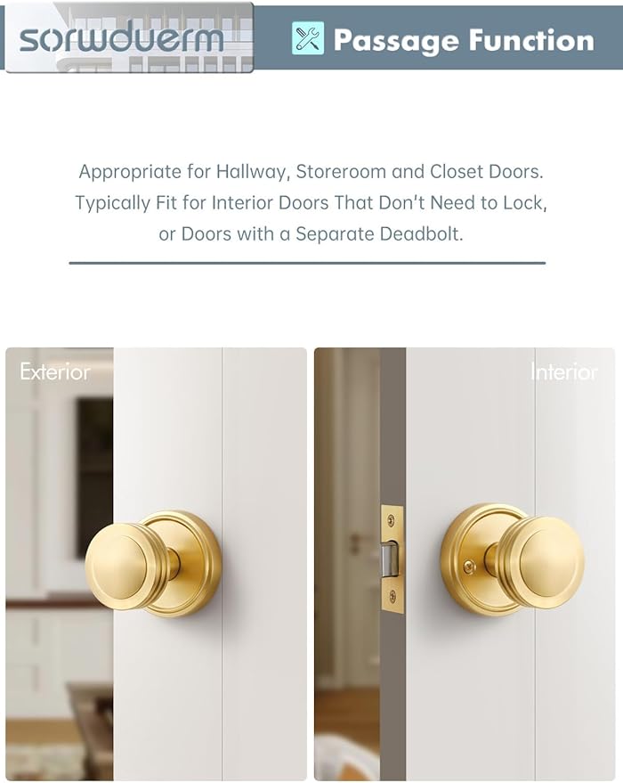1 Pack Gold Door Knob Passage Door Knobs Brushed Gold Interior Satin Brass Door Handle for Hall and Closet,Zinc Alloy