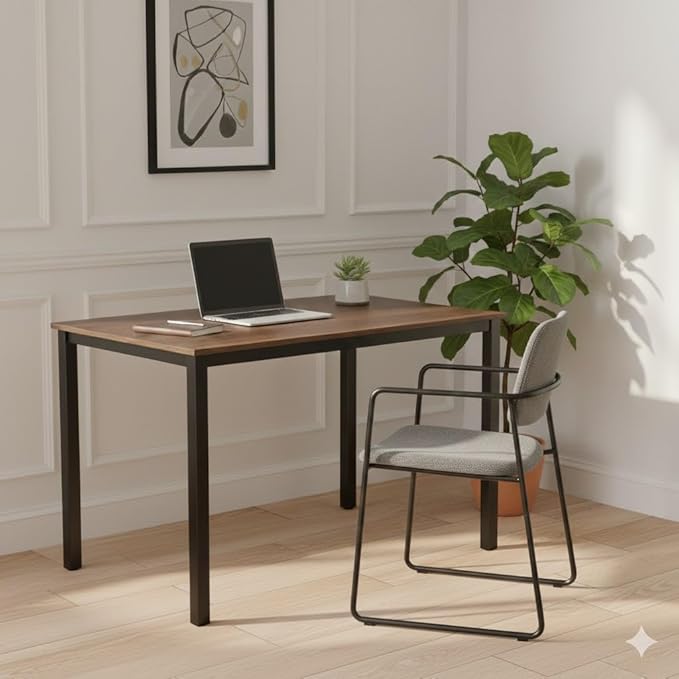 GL GLOBAL LIFE 47 inch Large Computer Desk Wood, Modern Simple Style Desk for Home Office, Bedroom, Study Student Writing Desk, Small Spaces, Black Metal Frame, Walnut Top