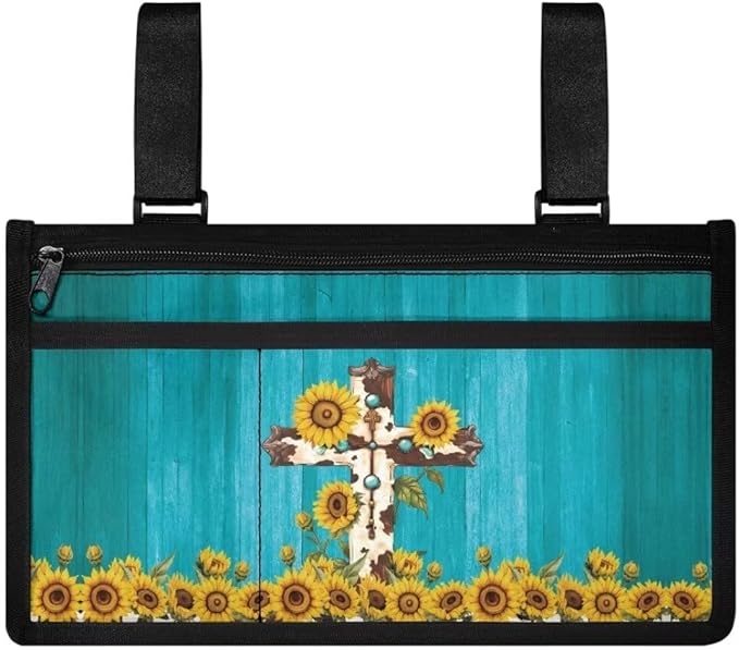 ZOUTAIRONG Sunflower Cross Wheelchair Side Bag Power Wheelchair Bag Walker Bag Walker Organizer Pouch Tote for Rollator and Folding Walker Wheelchair Bags to Hang on Side Wheelchair Accessories