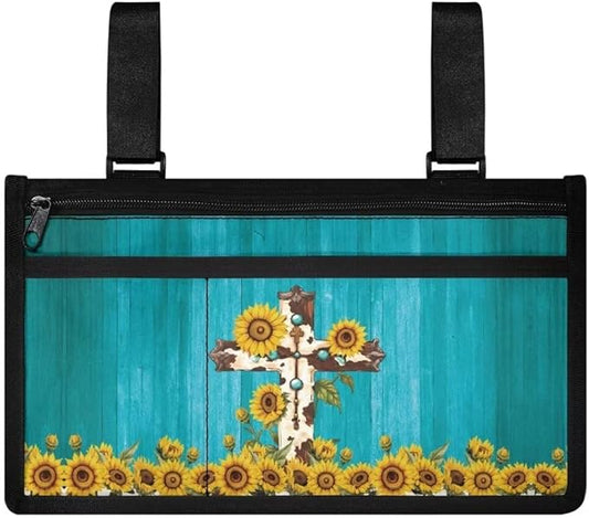 ZOUTAIRONG Sunflower Cross Wheelchair Side Bag Power Wheelchair Bag Walker Bag Walker Organizer Pouch Tote for Rollator and Folding Walker Wheelchair Bags to Hang on Side Wheelchair Accessories