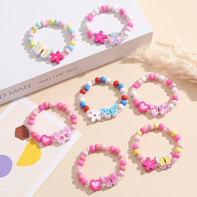 Butterfly Bracelets for Kids Girls - Princess Birthday Gifts Party Favors Goodies Bag Stuffers Fillers, Wooden Beaded Play Jewelry Bracelets Cute Butterflies Flowers Pendants