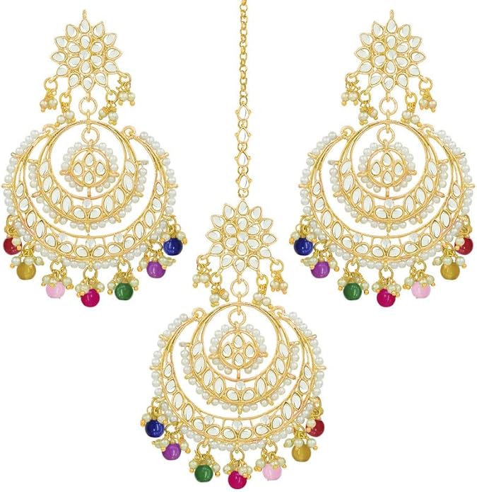 Aheli Bollywood Ethnic Chandbali Style Big Earrings Maang Tikka Set Traditional Fashion Jewelry Gift for Women