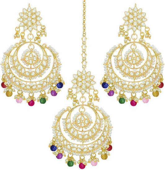 Aheli Bollywood Ethnic Chandbali Style Big Earrings Maang Tikka Set Traditional Fashion Jewelry Gift for Women