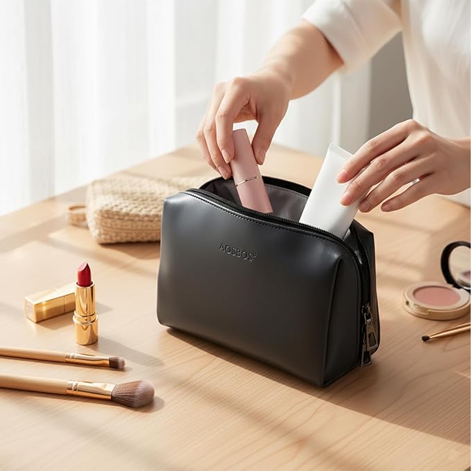 Aosbos Makeup Bag Travel Size Cosmetic Bag Zipper Makeup Pouch for Women Travel Essentials Cosmetic Pouch Makeup Organizer Purse, Blue Black