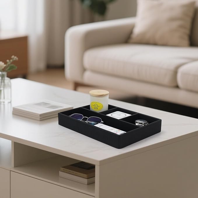 Buqoo PU Leather Valet Tray, Office Supplies Organizer, Stackable Desktop Organizer and Accessories Drawer Organizer for Storing Office Supplies, Jewelry, Cosmetics, Black