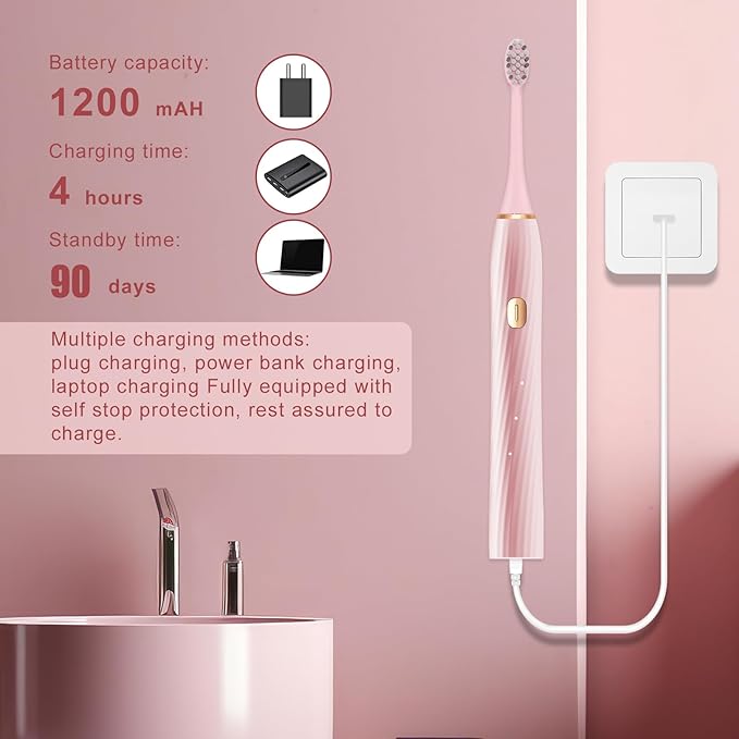 Electric Toothbrush for Adults and Kids, Sonic Electric Toothbrush, 4 Modes and 2 Minute Timer, 30000-45000VPM Power Toothbrush, IPX8, One Charge for 90 days 8 Replacement Head, Christmas Gift (Pink)