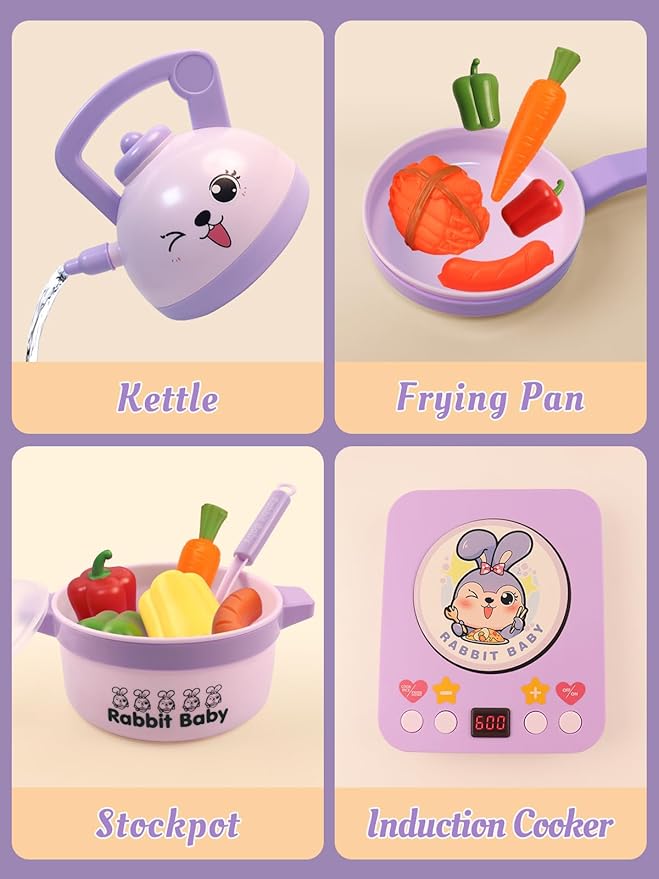 Kids Play Kitchen Accessories, Pretend Play Toys for Kitchen, Play Pots and Pans Sets for Kids Kitchen, Toddler Cooking Set for Boys and Grils Aged 3 4 5 6(Purple)