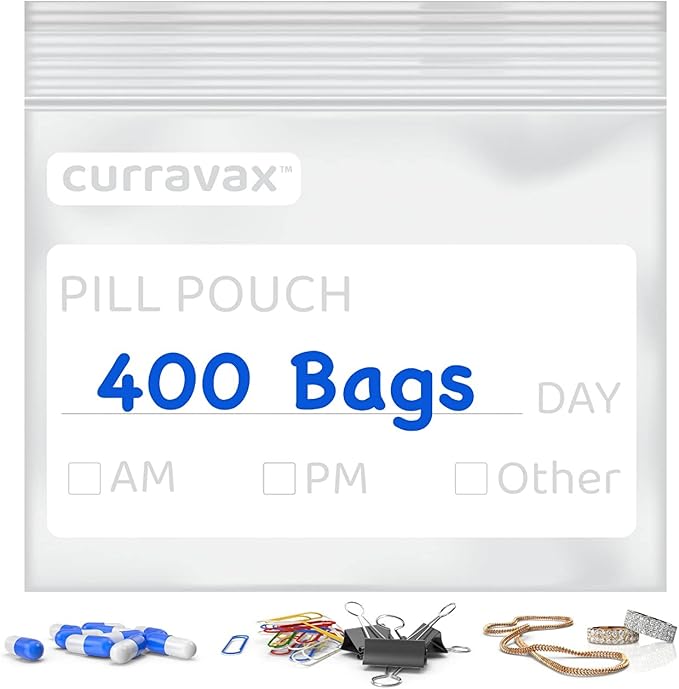 CURRAVAX Pill Pouch Bags for Travel Pack of 400 - BPA Free 3 x 2.75 inch Pill Pouch - Pill Pouches for Medicine with Write on Label –Clear Ziplock Pill Baggies for Travel Medicine Organizer
