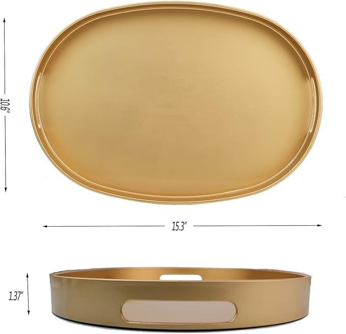 Omuriko Gold Oval Decorative Tray with Handles, Versatile Serving Tray for Coffee Table, Ottoman, Ideal for Serving, Displaying, Organizing, 15.3"*10.6"*1.37"