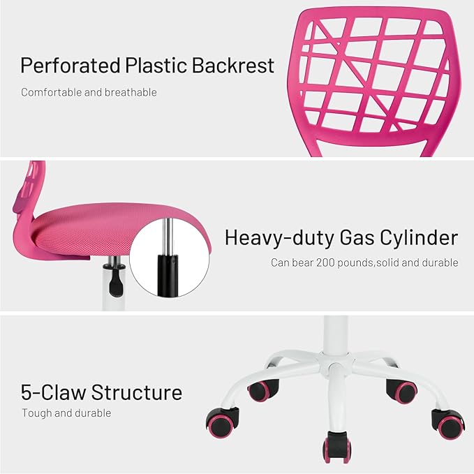FurnitureR Kids Desk Chair, Armless Small Office Chair Adjsutable Swivel Task Chair with Soft Cushion for Study Kids Teens Child, Pink