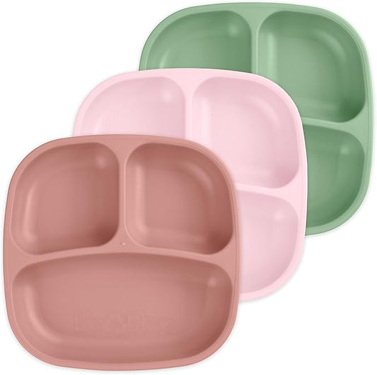 Re-Play Made in USA 7" Deep Walled Divided Plates for Kids, Set of 3 - Reusable 3 Compartment Plates, Dishwasher and Microwave Safe - 7.37" x 7.37" x 1.25", Desert Roses