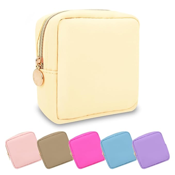UIXIZQ Mini Makeup Pouch for Purse, Small Cosmetic Bag Pouch Nylon Travel Toiletry Organizers for Women Girls, Cute Zipper Pouch Coin Purse Preppy Storage Bag for School Work(Mini-Sand)