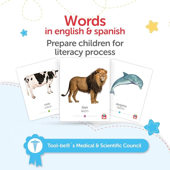 Tool-be Bilingual Animal Flash Cards, 3 Pack with 54 Real Photos of Farm, Aquatic, and Wild Animals, Spanish-English Educational Toys, Sight Words Flash Cards, Ages 6 Months to 6 Years