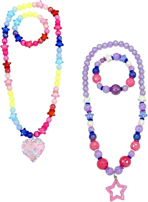 Kids Jewelry for Girls, Toddler Jewelry, 2 Sets Girls Jewelry Beaded Necklace and Beads Bracelet for Little Girls Kids Toddler, Little Girls Jewelry Set, Favors Bags for Girls