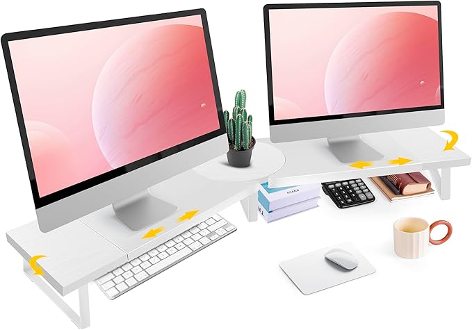 Across-Star Dual-Monitor-Riser-Stand-For-Desk, Large Monitor Stand Riser For 2 Monitors With Adjustable Length Angle, Double Computer Riser For Desktop Organizer, Monitor Shelf Riser