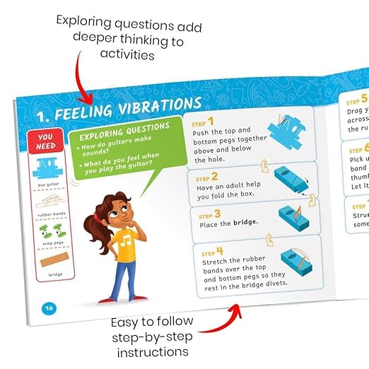 hand2mind Science Kit Music Maker, STEM Activities for Kids Ages 5-7, STEM Toys, Kids Storybook, Pan Flute, Ocean Drum, and Box Guitar, 10 at Home Science Experiments for Kids