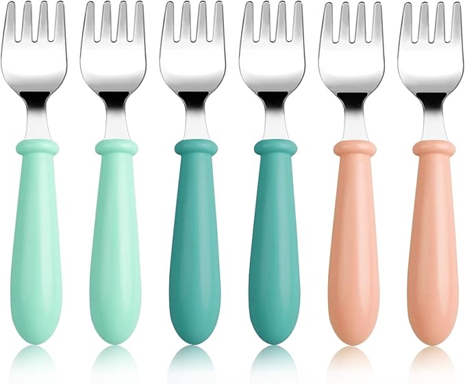 Pimoys 6 Pieces Toddler Forks Baby Forks Kids Forks with Round Handle, Stainless Steel Toddler Utensils Baby Silverware Metal Cutlery Set BPA Free, Dishwasher Safe