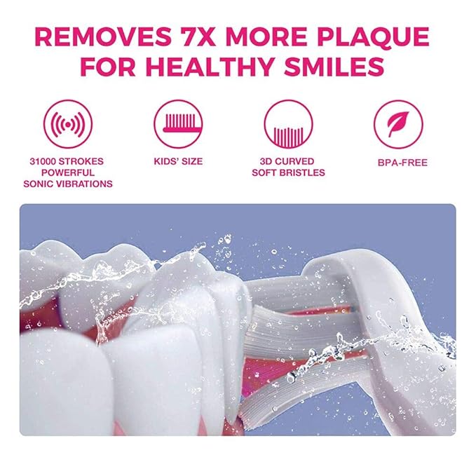 Vekkia Sonic Rechargeable Kids Electric Toothbrush, 3 Modes with Memory, Fun & Easy Cleaning, 24000 Strokes, IPX7 Waterproof, 2-Min Timer for Age 5+, 4 Soft Bristles(Pink)