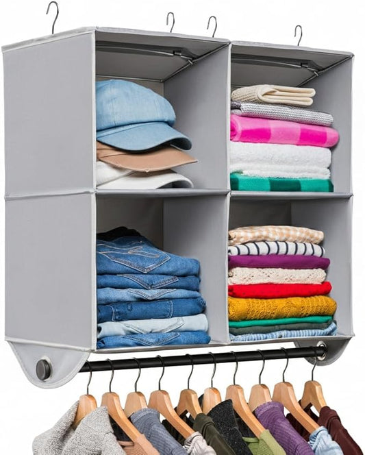 HOLDN’ STORAGE - 4 Shelf Hanging Closet Organizer with Metal Rod - Bamboo Inserted, Holds up to 24 pounds - 24” W x 12” D x 29.5”H - Perfect for College Dorms & RV Hanging Organizer