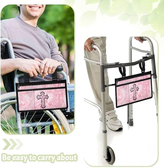 ZOUTAIRONG Pink Cross Wheelchair Side Bag Walker Pouch Bag with Cup Holder,Wheelchair Bags to Hang on Side for Walker, Rollator, Electric Scooter Wheelchairs, Ideal Gift for Seniors