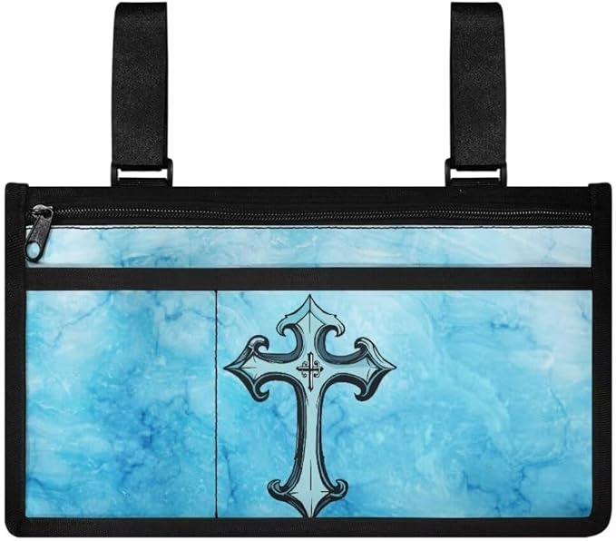 ZOUTAIRONG Blue Cross Wheelchair Side Bag Walker Bag Wheelchair Accessories for Adults Waterproof Armrest Organizer Storage Pouches with Reflective Stripes for Electric Wheelchair Walkers Seniors